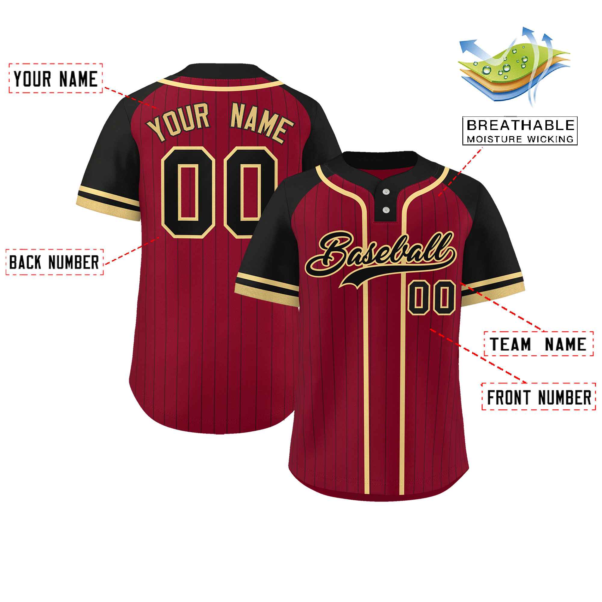 Custom Crimson Black-Khaki Stripe Fashion Raglan Sleeves Authentic Two-Button Softball Jersey
