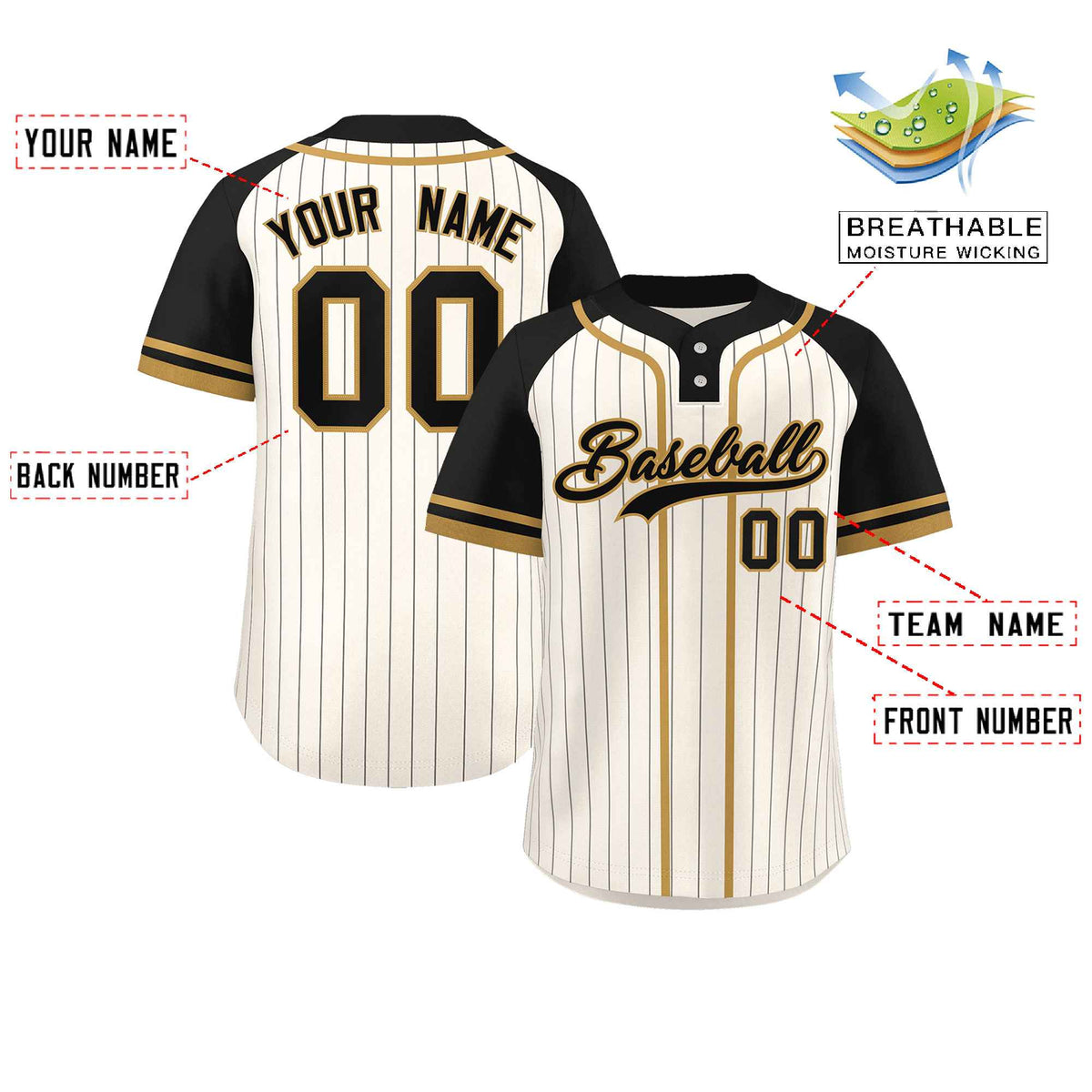 Custom Cream Black-Old Gold Stripe Fashion Raglan Sleeves Authentic Two-Button Softball Jersey