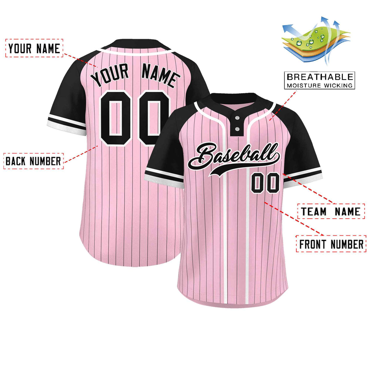 Custom Light Pink Black-White Stripe Fashion Raglan Sleeves Authentic Two-Button Softball Jersey