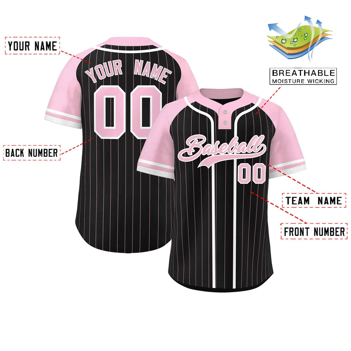 Custom Black Light Pink-White Stripe Fashion Raglan Sleeves Authentic Two-Button Softball Jersey