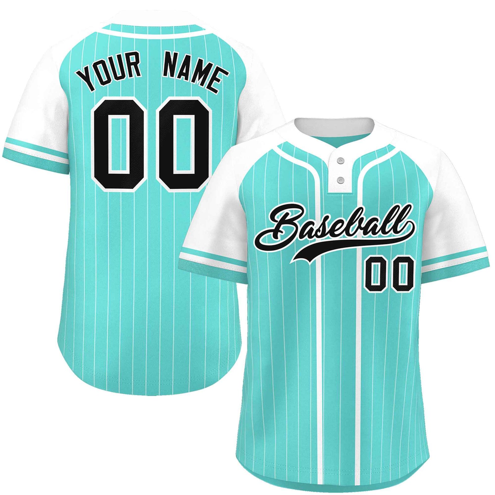 Custom Aqua White Stripe Fashion Raglan Sleeves Authentic Two-Button Softball Jersey