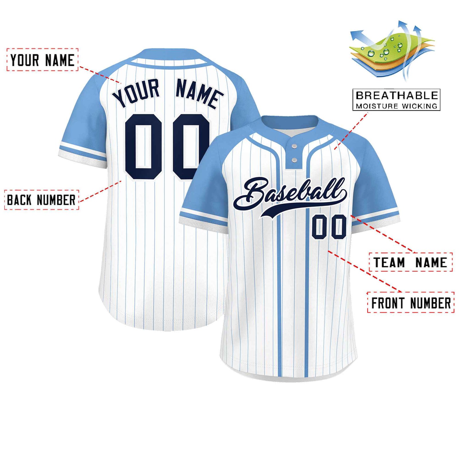 Custom White Light Blue Stripe Fashion Raglan Sleeves Authentic Two-Button Softball Jersey