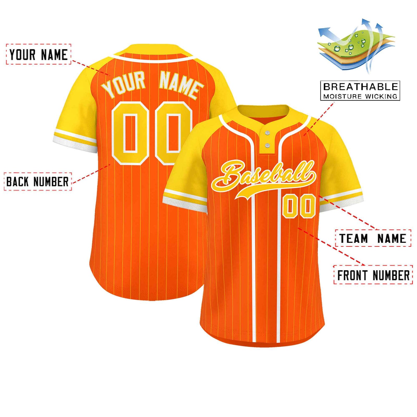 Custom Orange Gold-White Stripe Fashion Raglan Sleeves Authentic Two-Button Softball Jersey