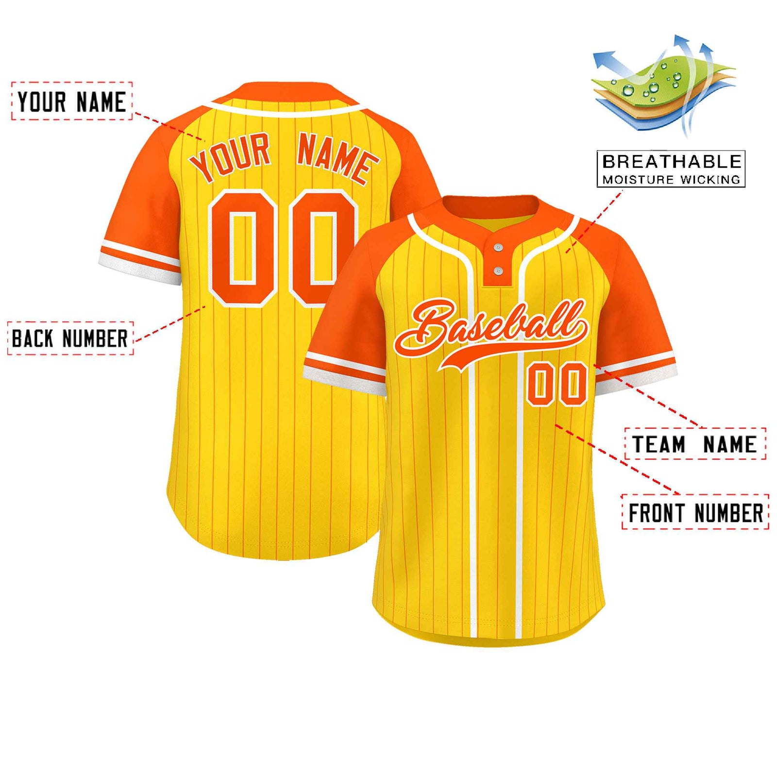 Custom Gold Orange-White Stripe Fashion Raglan Sleeves Authentic Two-Button Softball Jersey