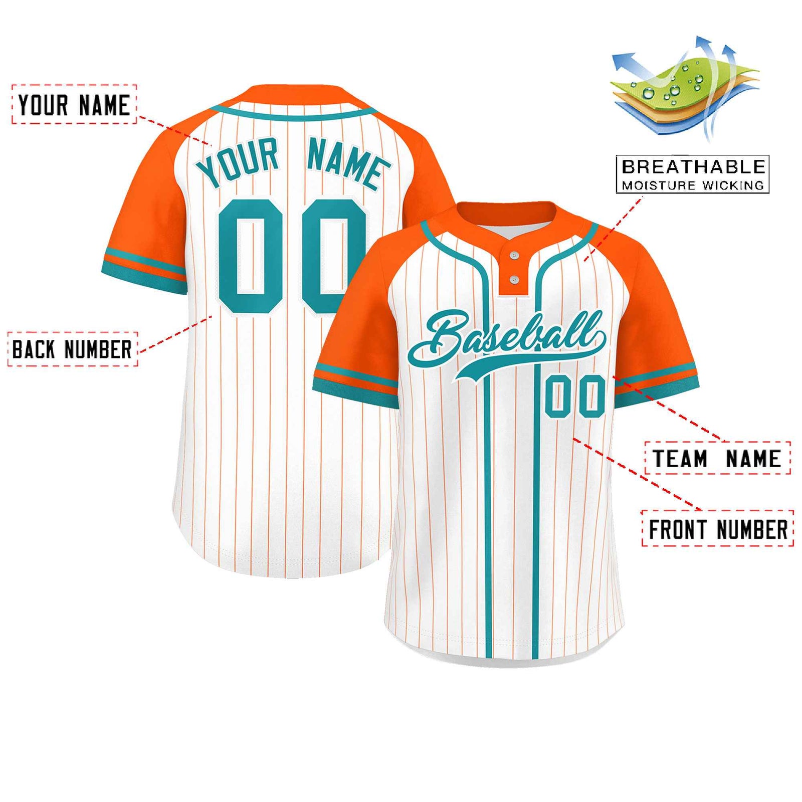 Custom White Orange-Aqua Stripe Fashion Raglan Sleeves Authentic Two-Button Softball Jersey
