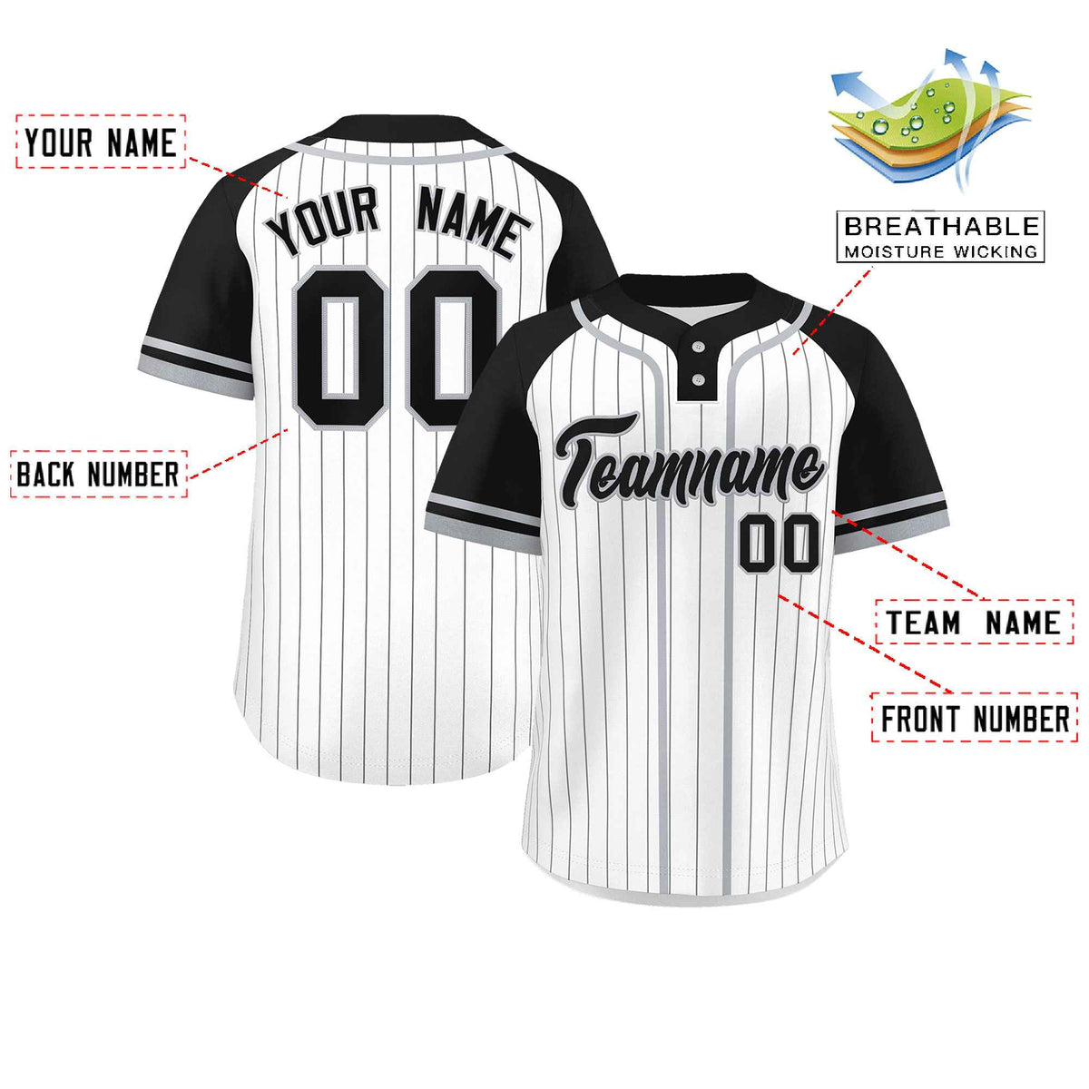 Custom White Black-Gray Stripe Fashion Raglan Sleeves Authentic Two-Button Softball Jersey