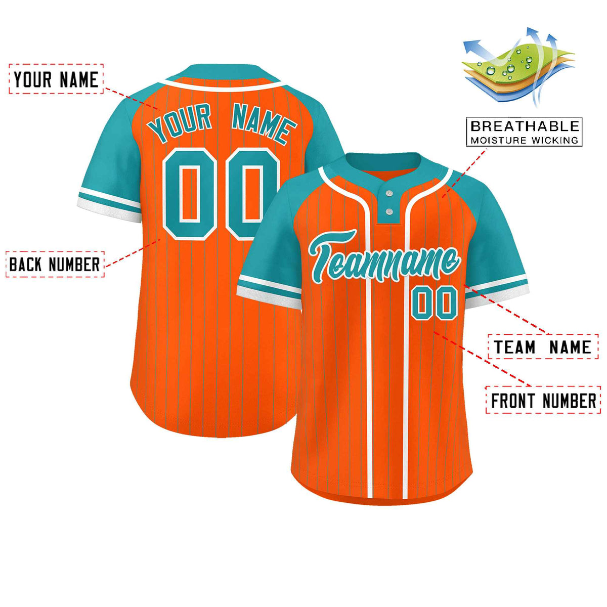 Custom Orange Aqua-White Stripe Fashion Raglan Sleeves Authentic Two-Button Softball Jersey
