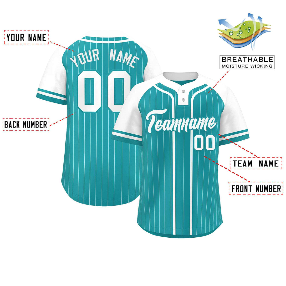 Custom Aqua White Stripe Fashion Raglan Sleeves Authentic Two-Button Softball Jersey