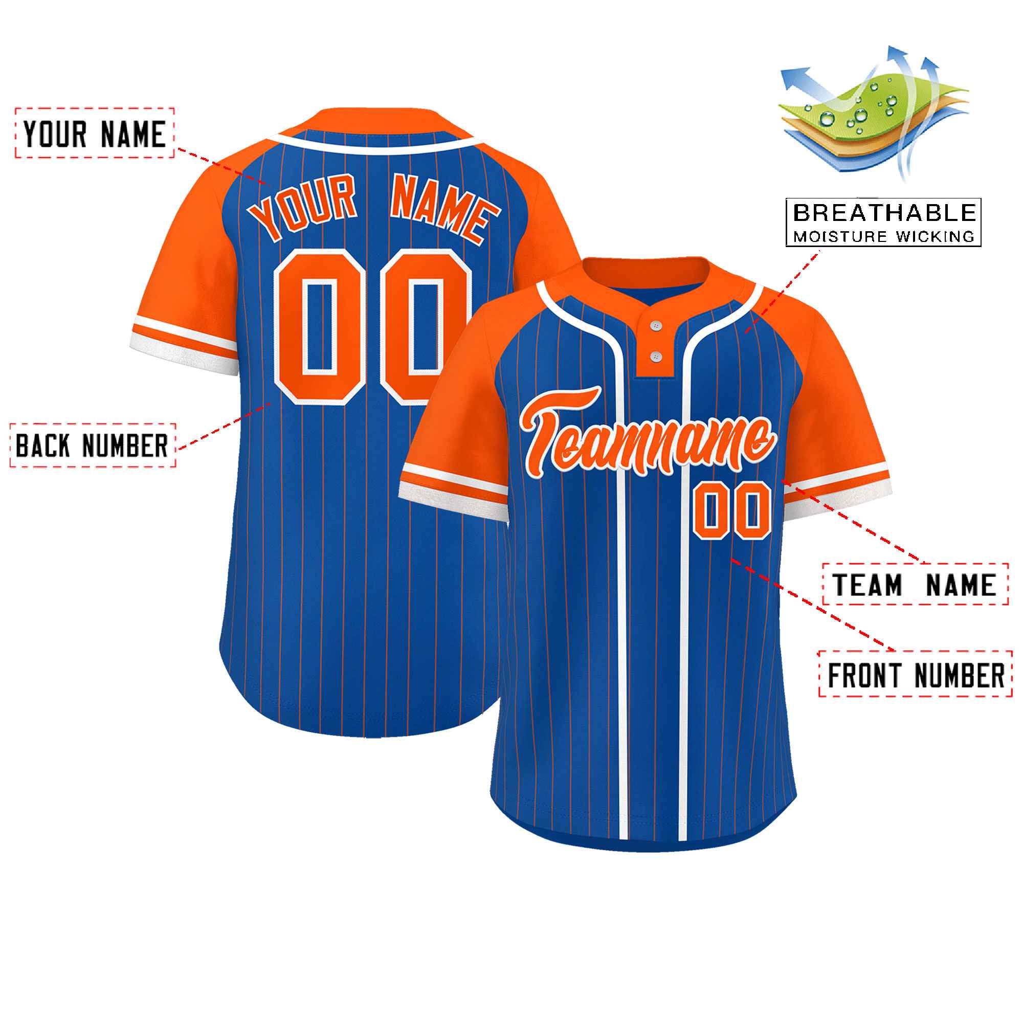 Custom Royal Orange-White Stripe Fashion Raglan Sleeves Authentic Two-Button Softball Jersey