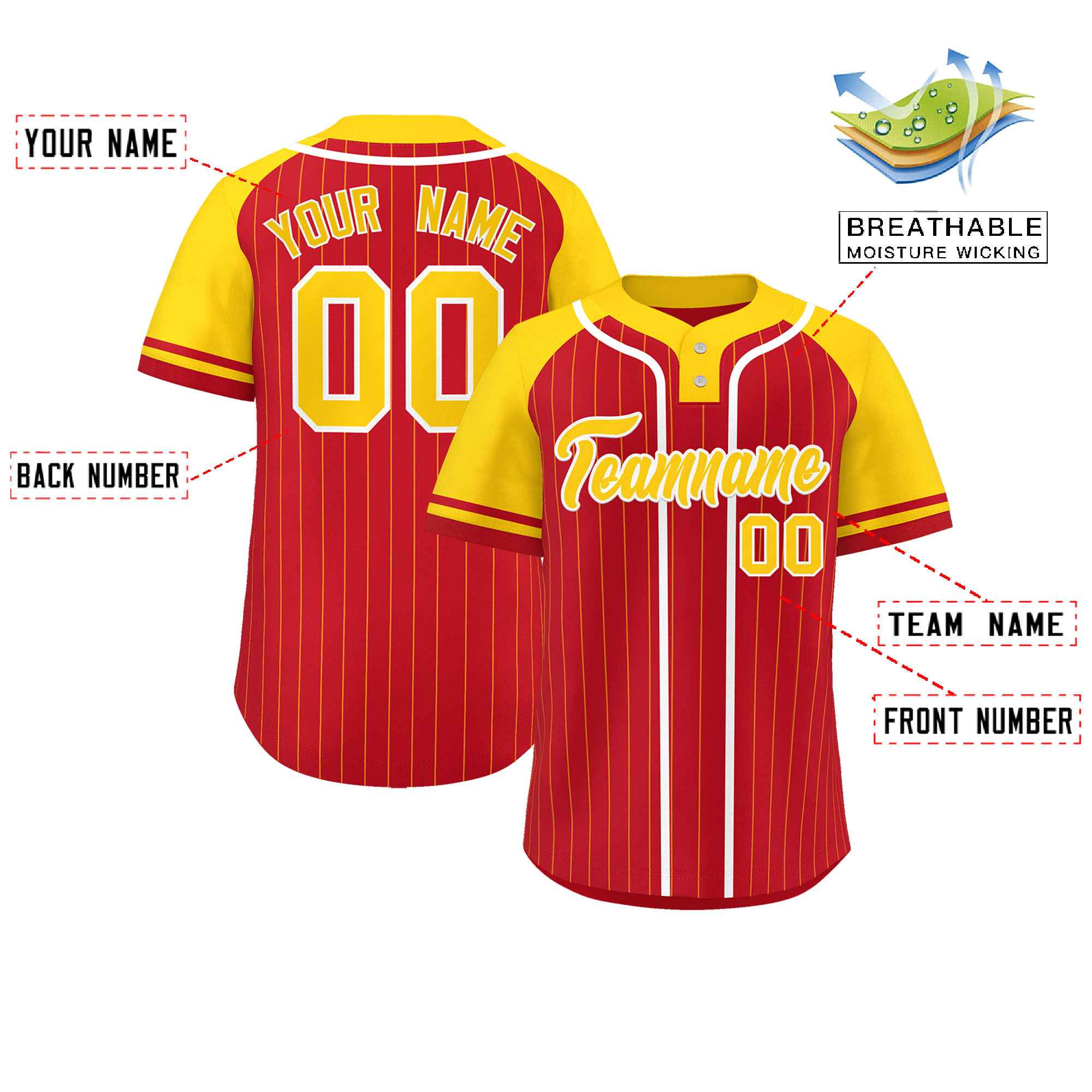 Custom Red Gold-White Stripe Fashion Raglan Sleeves Authentic Two-Button Softball Jersey