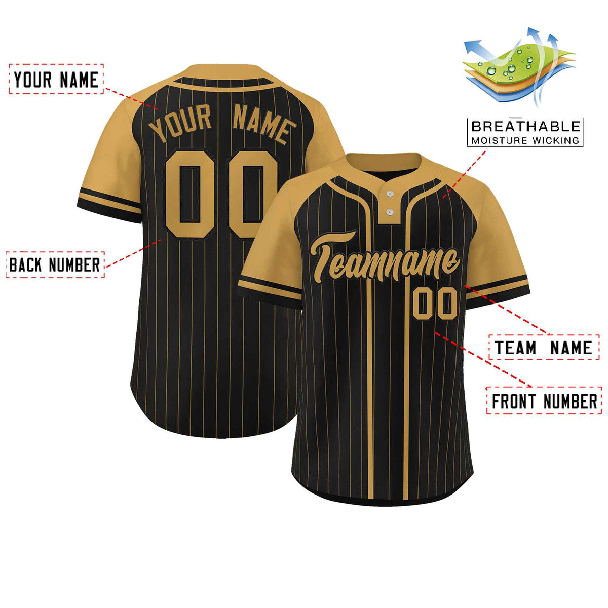 Custom Black Old Gold Stripe Fashion Raglan Sleeves Authentic Two-Button Softball Jersey