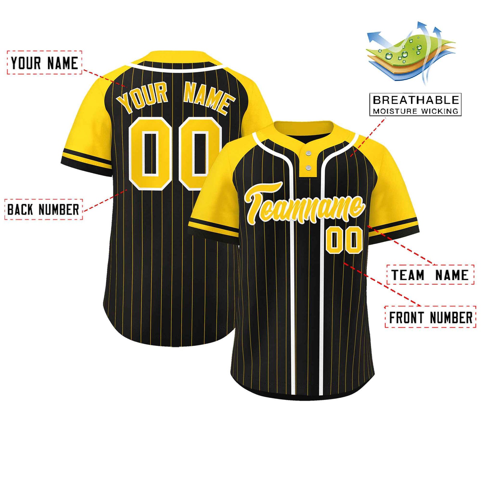 Custom Black Gold-White Stripe Fashion Raglan Sleeves Authentic Two-Button Softball Jersey