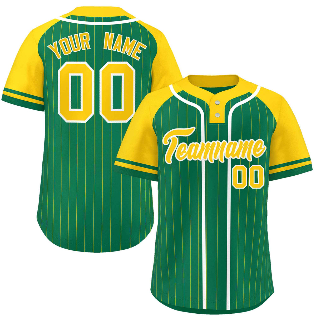 Custom Kelly Green Gold-White Stripe Fashion Raglan Sleeves Authentic Two-Button Softball Jersey