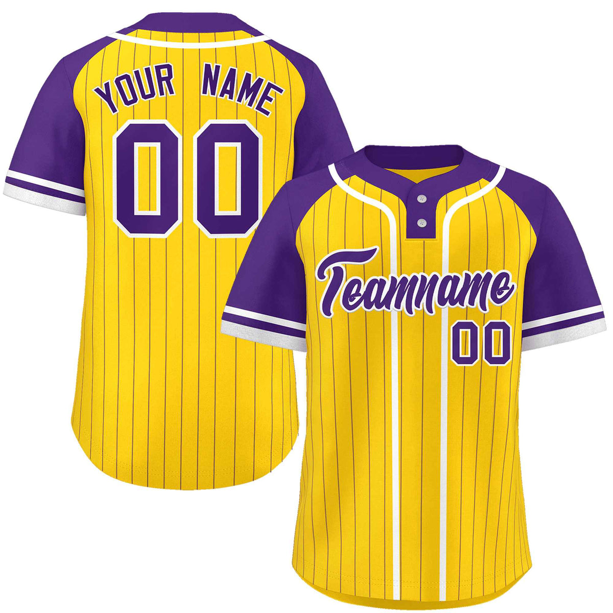 Custom Gold Purple-White Stripe Fashion Raglan Sleeves Authentic Two-Button Softball Jersey