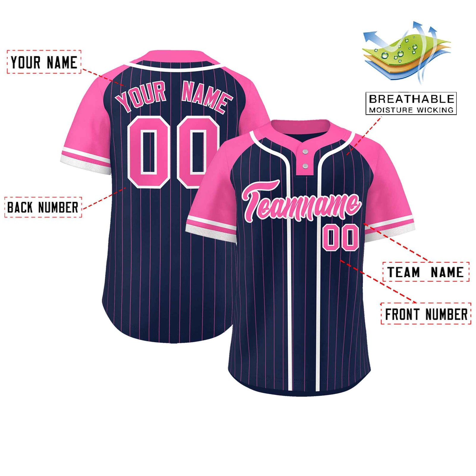Custom Navy Pink-White Stripe Fashion Raglan Sleeves Authentic Two-Button Softball Jersey