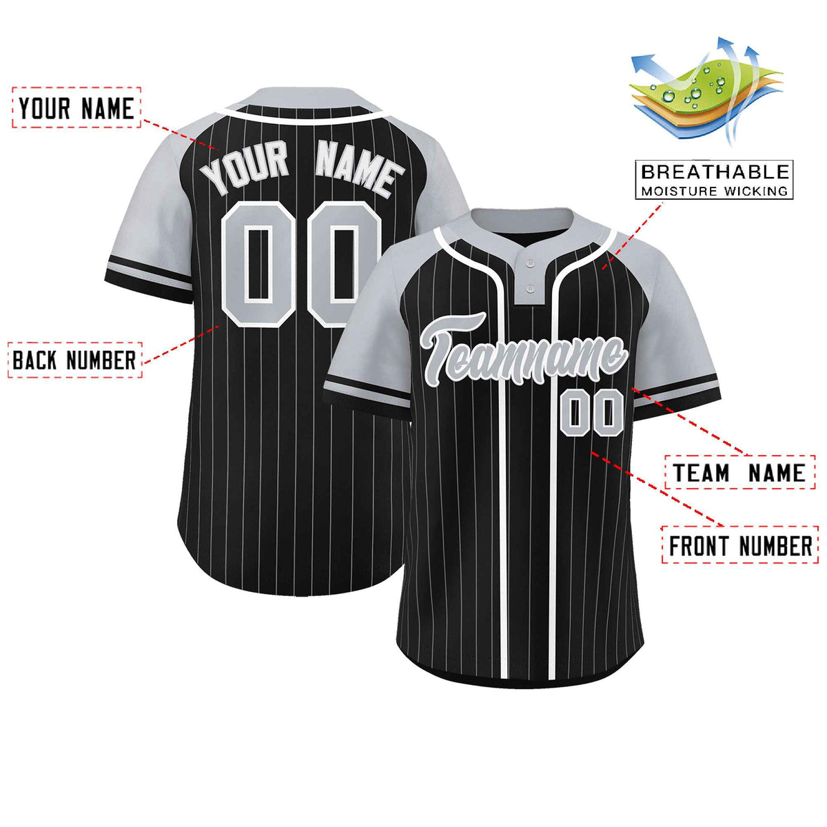 Custom Black Gray-White Stripe Fashion Raglan Sleeves Authentic Two-Button Softball Jersey