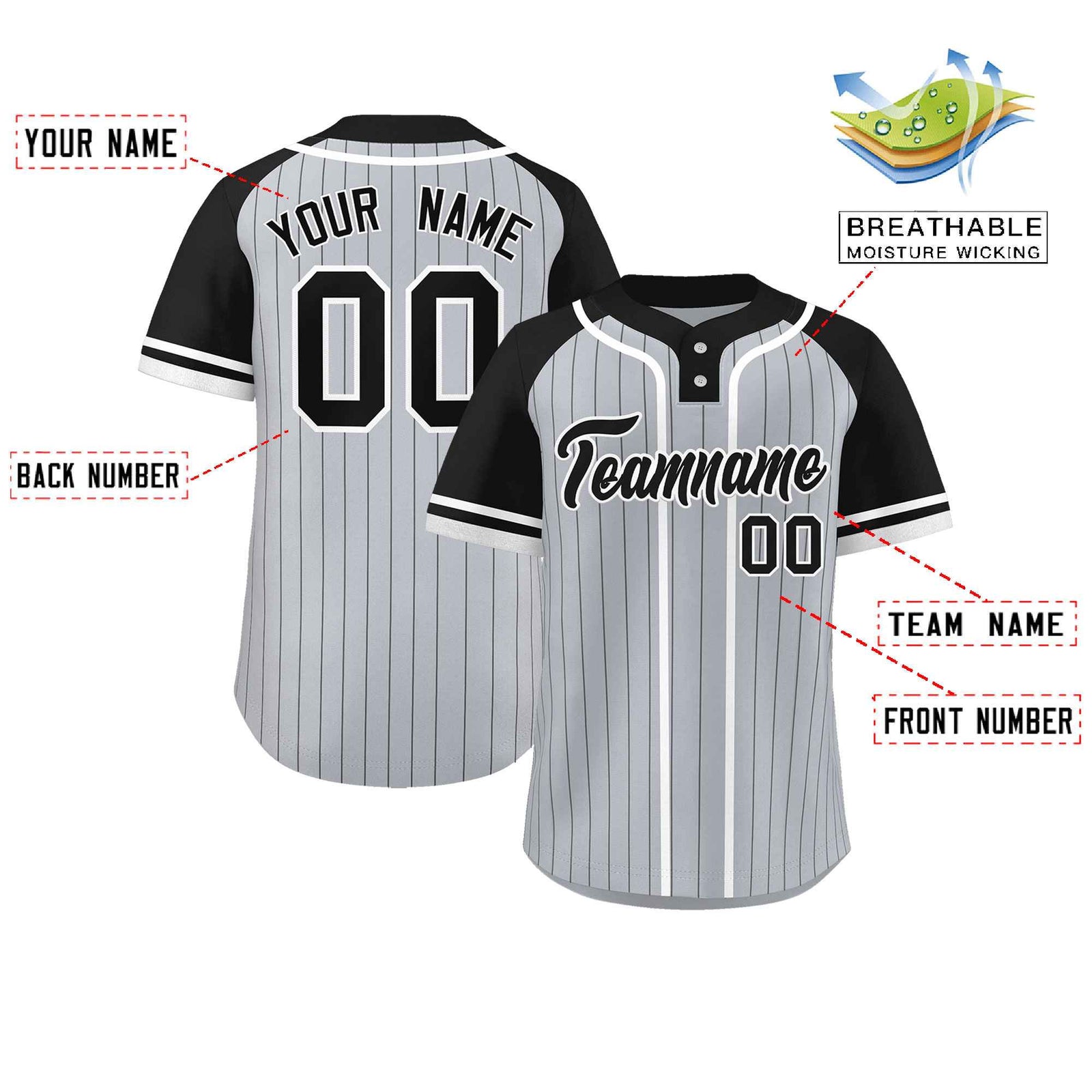 Custom Gray Black-White Stripe Fashion Raglan Sleeves Authentic Two-Button Softball Jersey