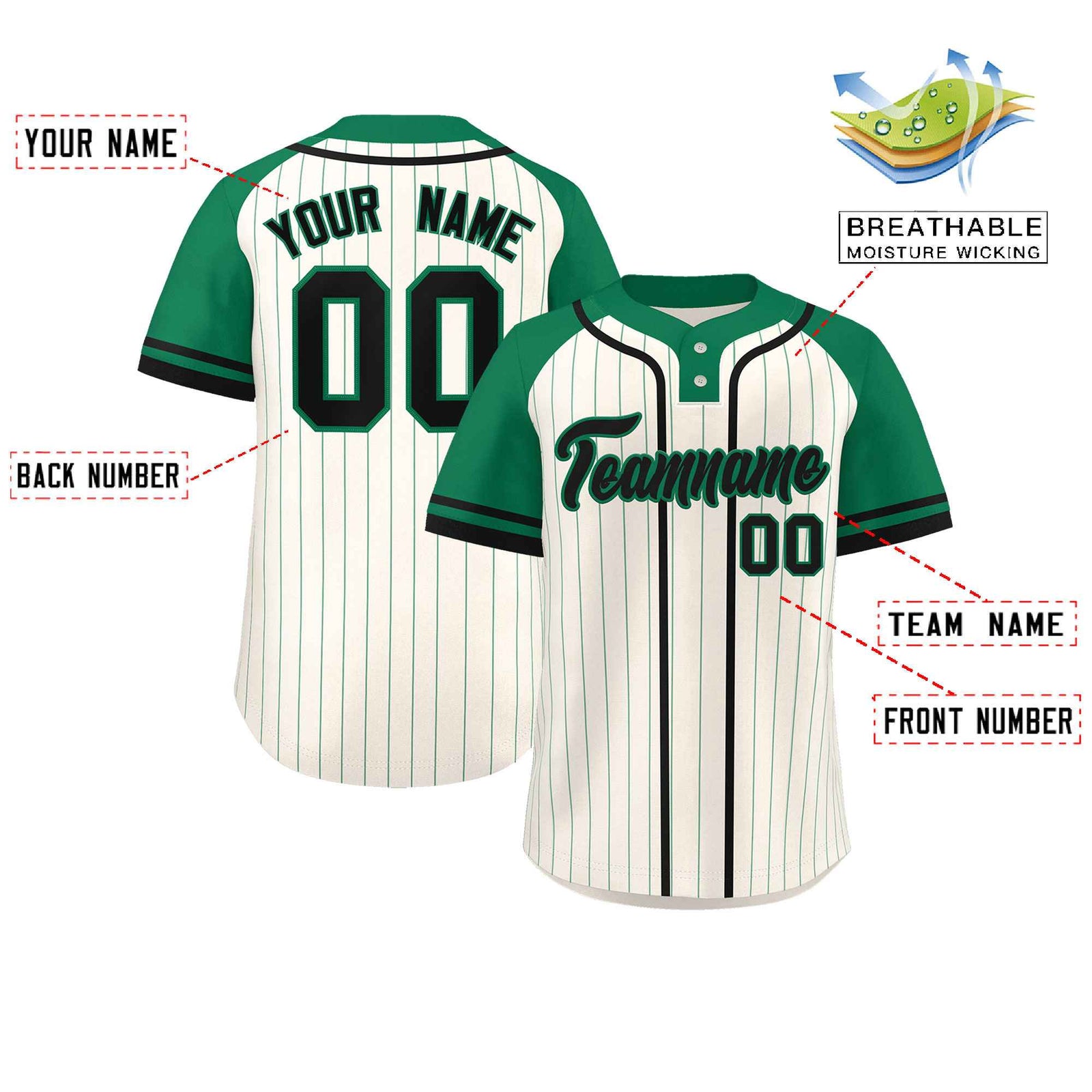 Custom Cream Kelly Green-Black Stripe Fashion Raglan Sleeves Authentic Two-Button Softball Jersey