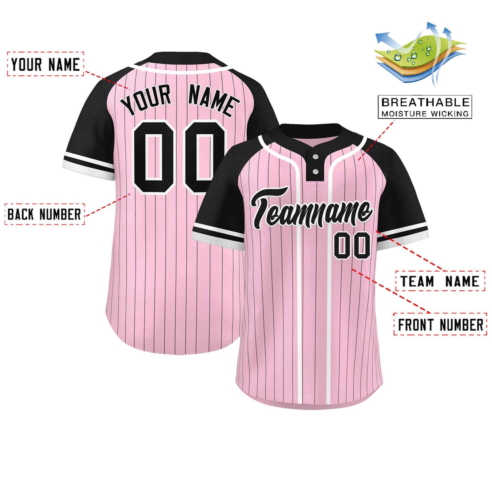 Custom Light Pink Black-White Stripe Fashion Raglan Sleeves Authentic Two-Button Softball Jersey