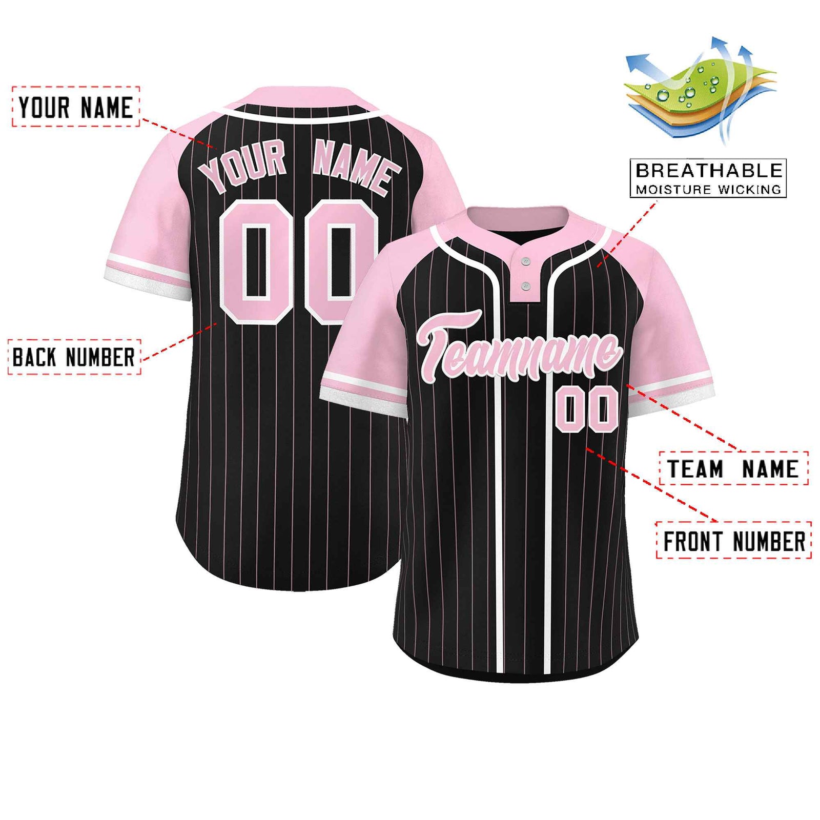 Custom Black Light Pink-White Stripe Fashion Raglan Sleeves Authentic Two-Button Softball Jersey