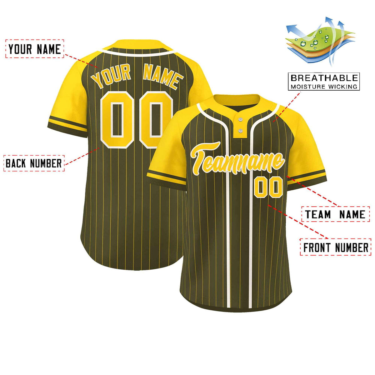 Custom Olive Gold-White Stripe Fashion Raglan Sleeves Authentic Two-Button Softball Jersey