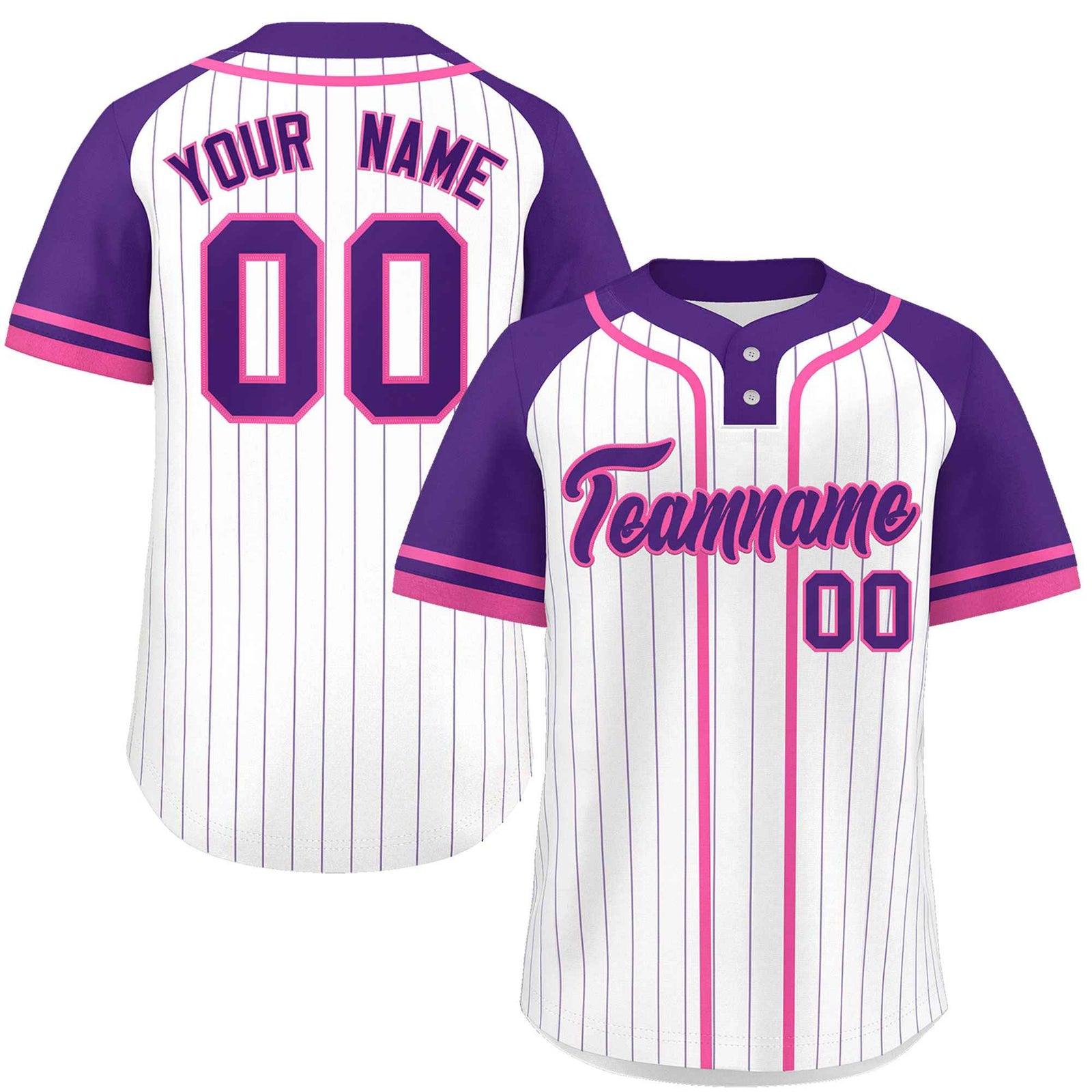 Custom White Purple-Pink Stripe Fashion Raglan Sleeves Authentic Two-Button Softball Jersey