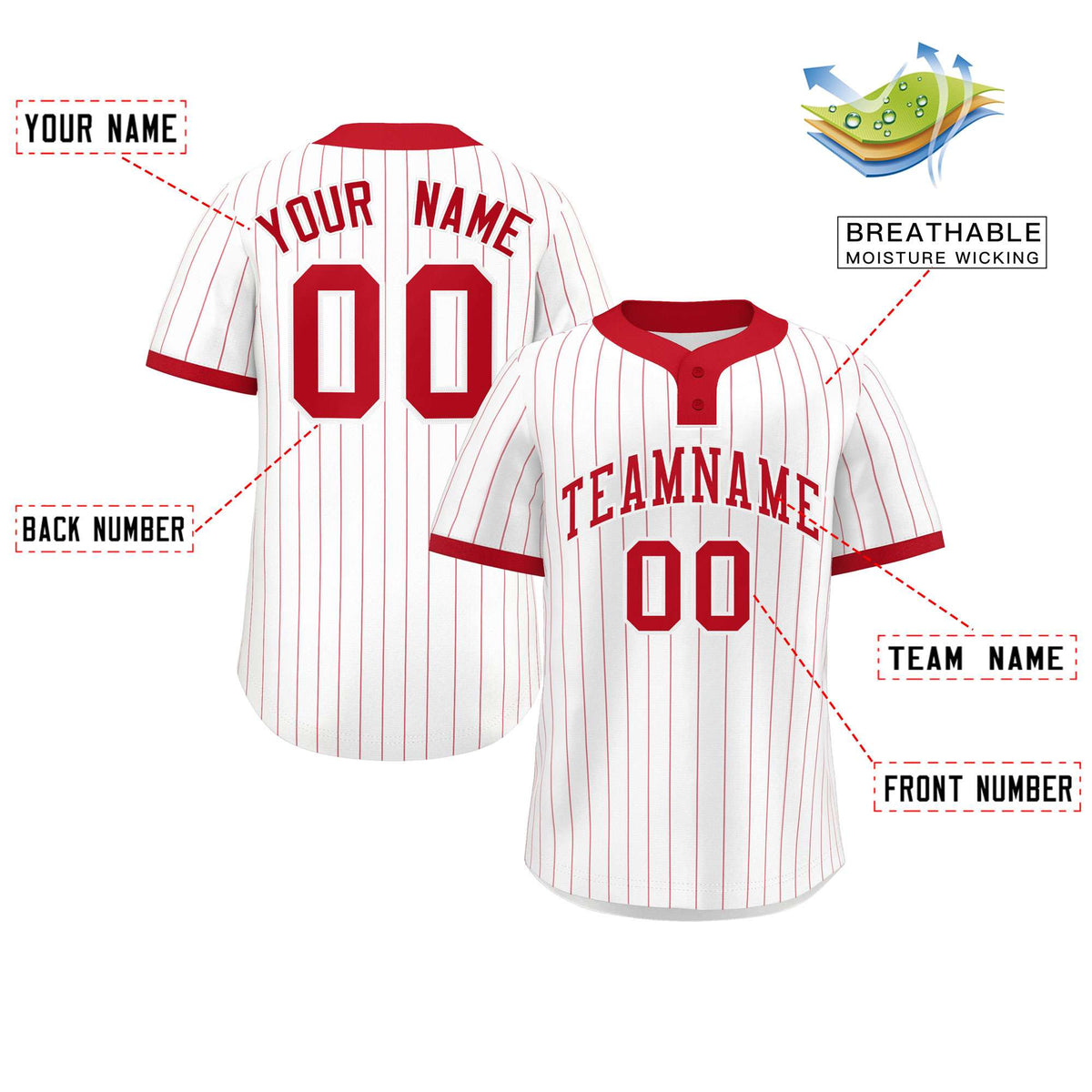 Custom White Red Stripe Fashion Authentic Two-Button Softball Jersey