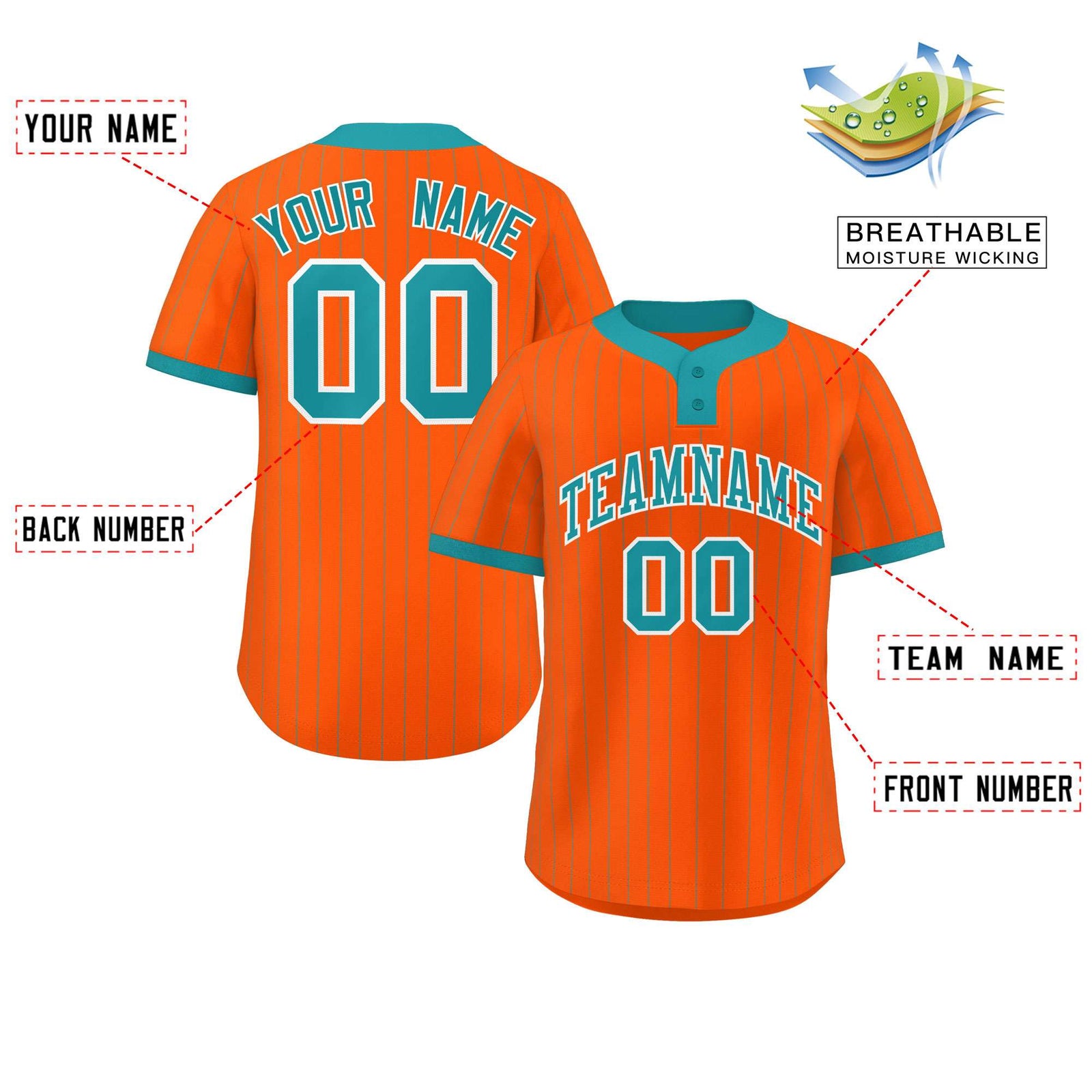 Custom Orange Aqua Stripe Fashion Authentic Two-Button Softball Jersey