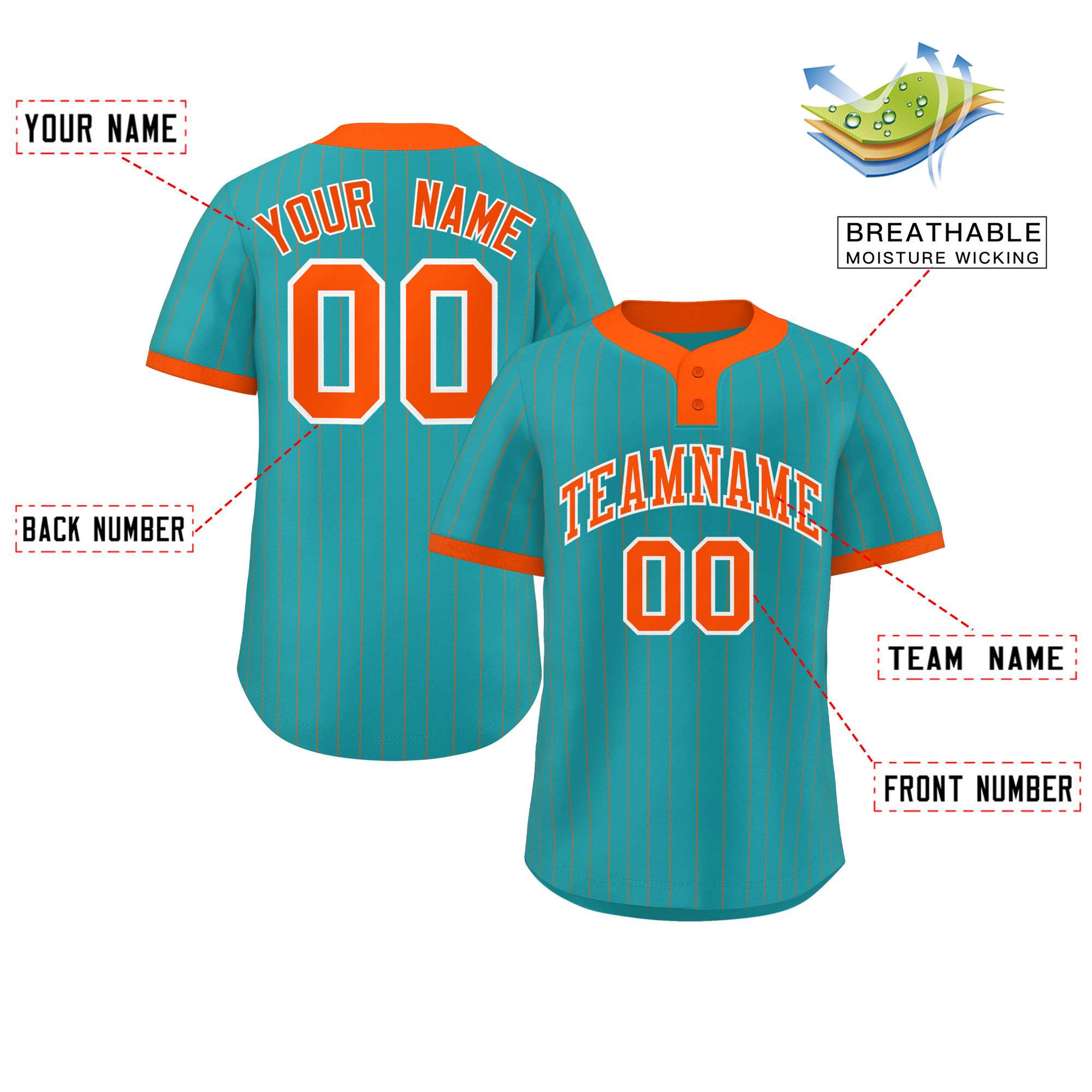 Custom Aqua Orange Stripe Fashion Authentic Two-Button Softball Jersey
