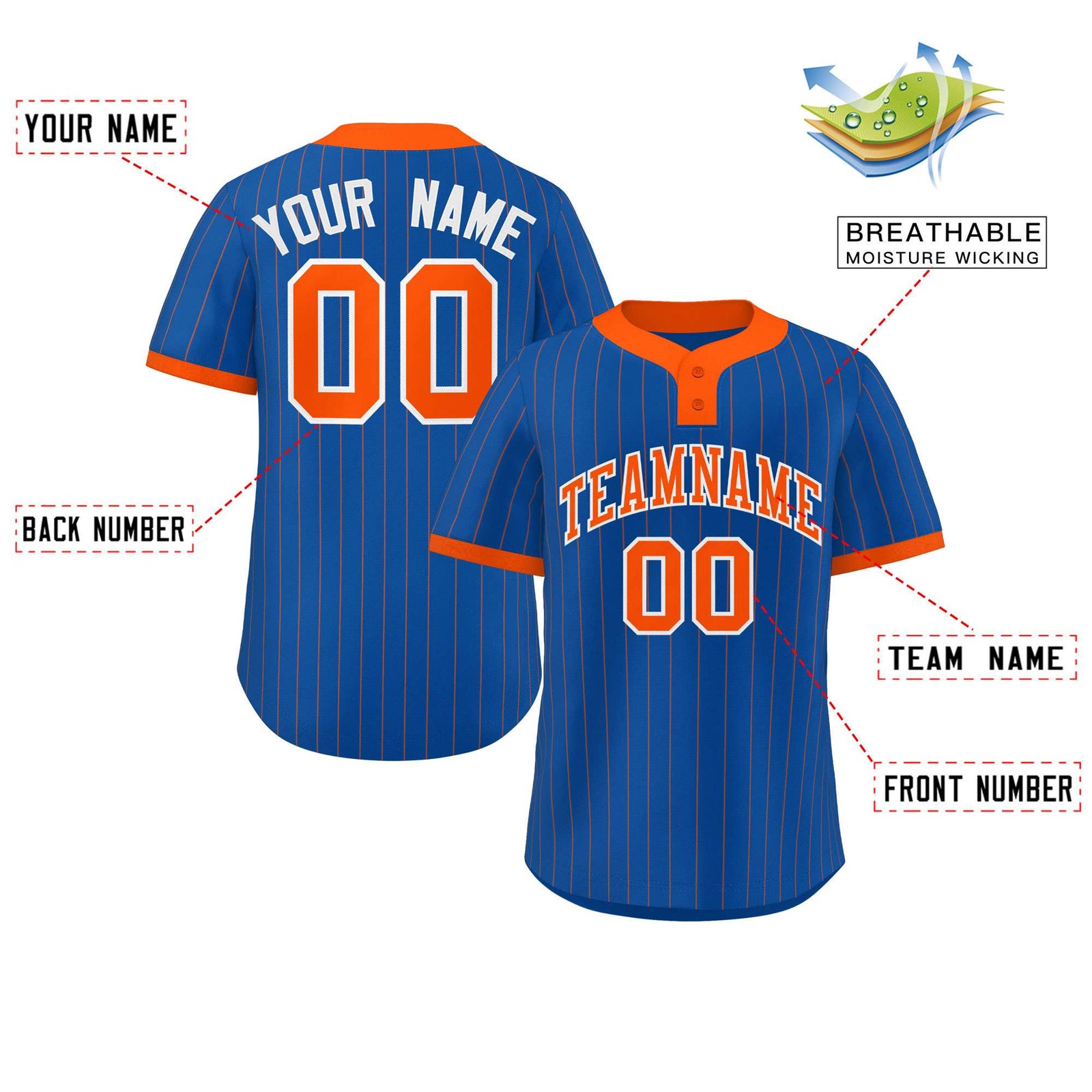 Custom Royal Orange Stripe Fashion Authentic Two-Button Softball Jersey