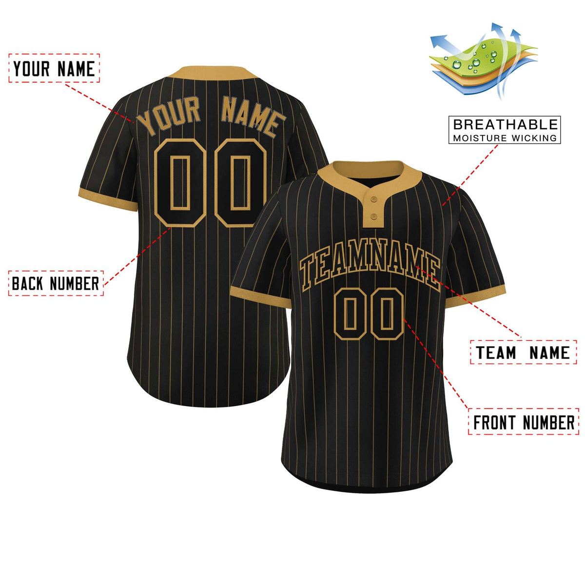 Custom Black Old Gold Stripe Fashion Authentic Two-Button Softball Jersey
