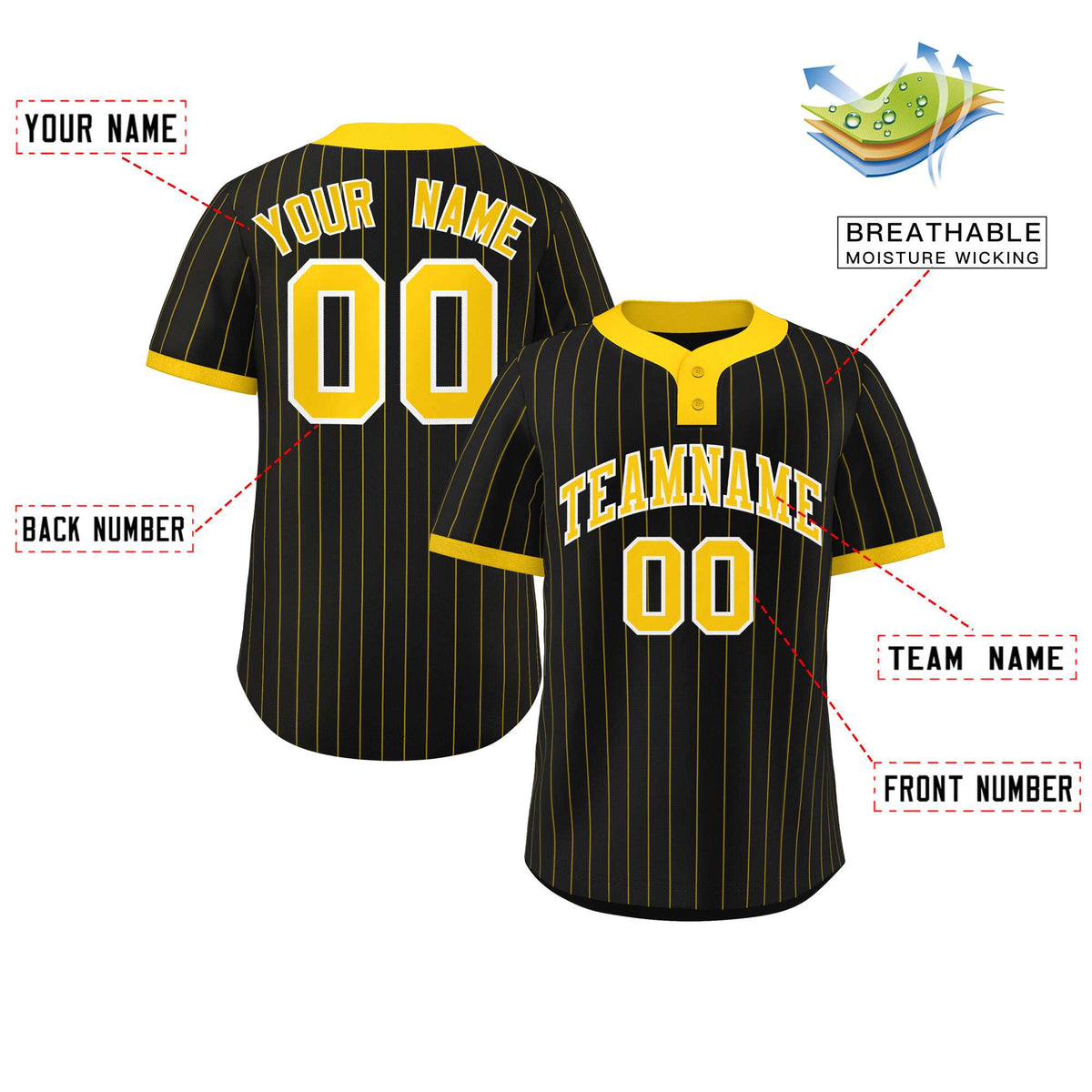 Custom Black Gold Stripe Fashion Authentic Two-Button Softball Jersey