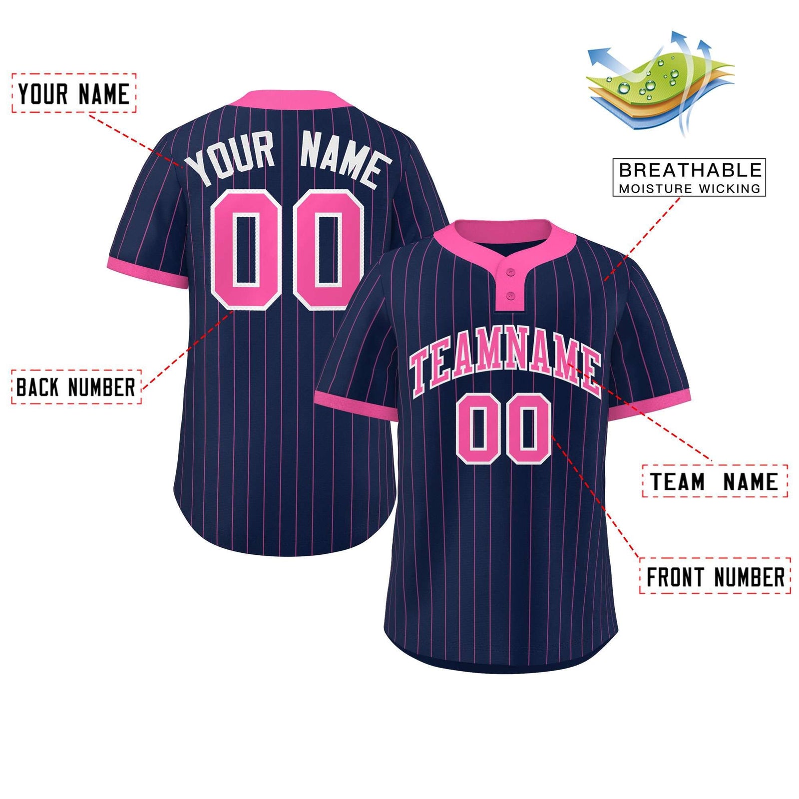 Custom Navy Pink Stripe Fashion Authentic Two-Button Softball Jersey
