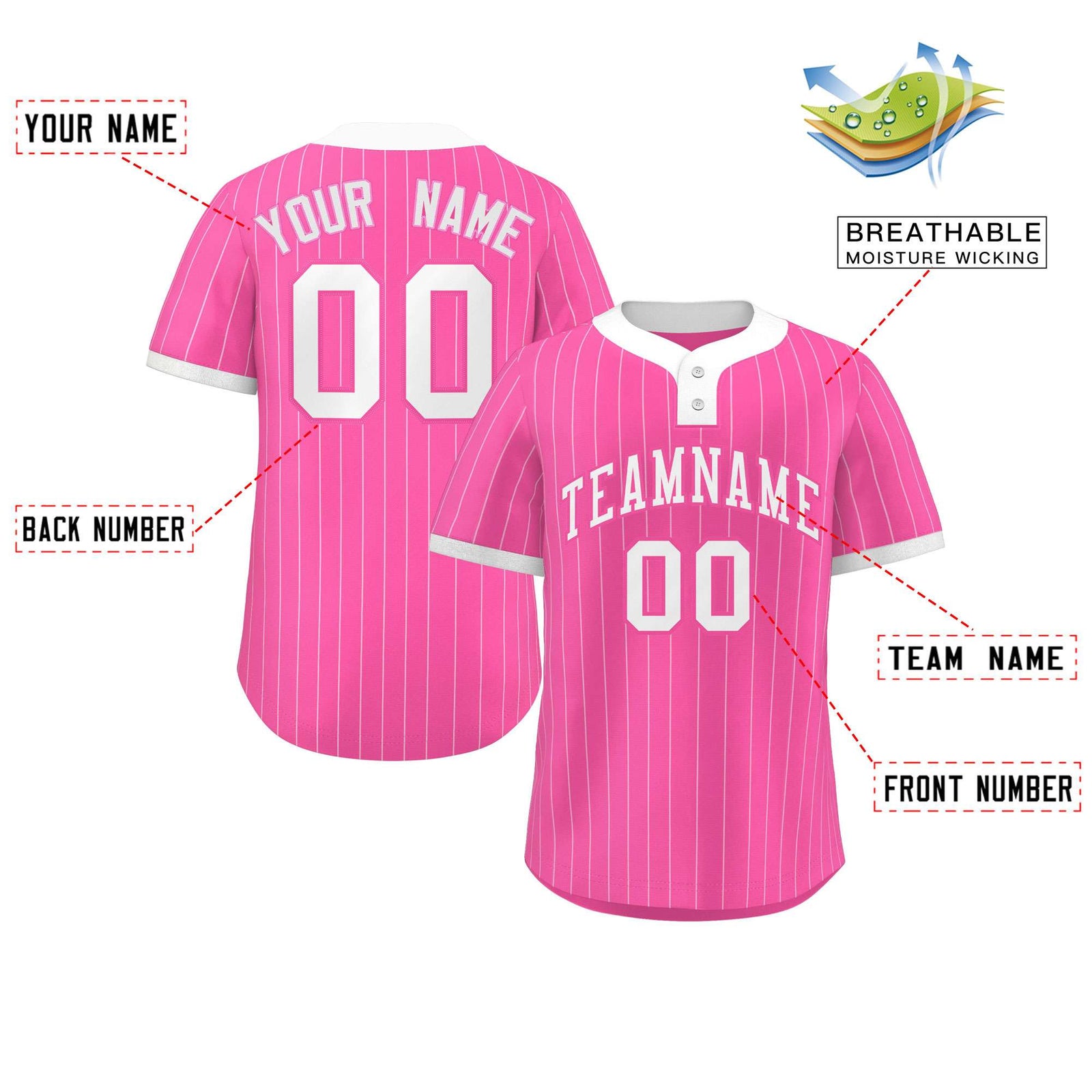 Custom Pink White Stripe Fashion Authentic Two-Button Softball Jersey