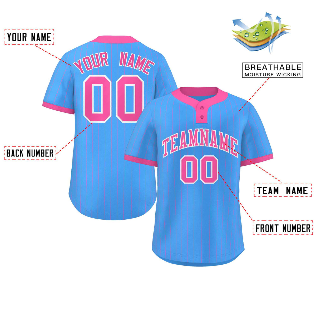 Custom Powder Blue Pink Stripe Fashion Authentic Two-Button Softball Jersey