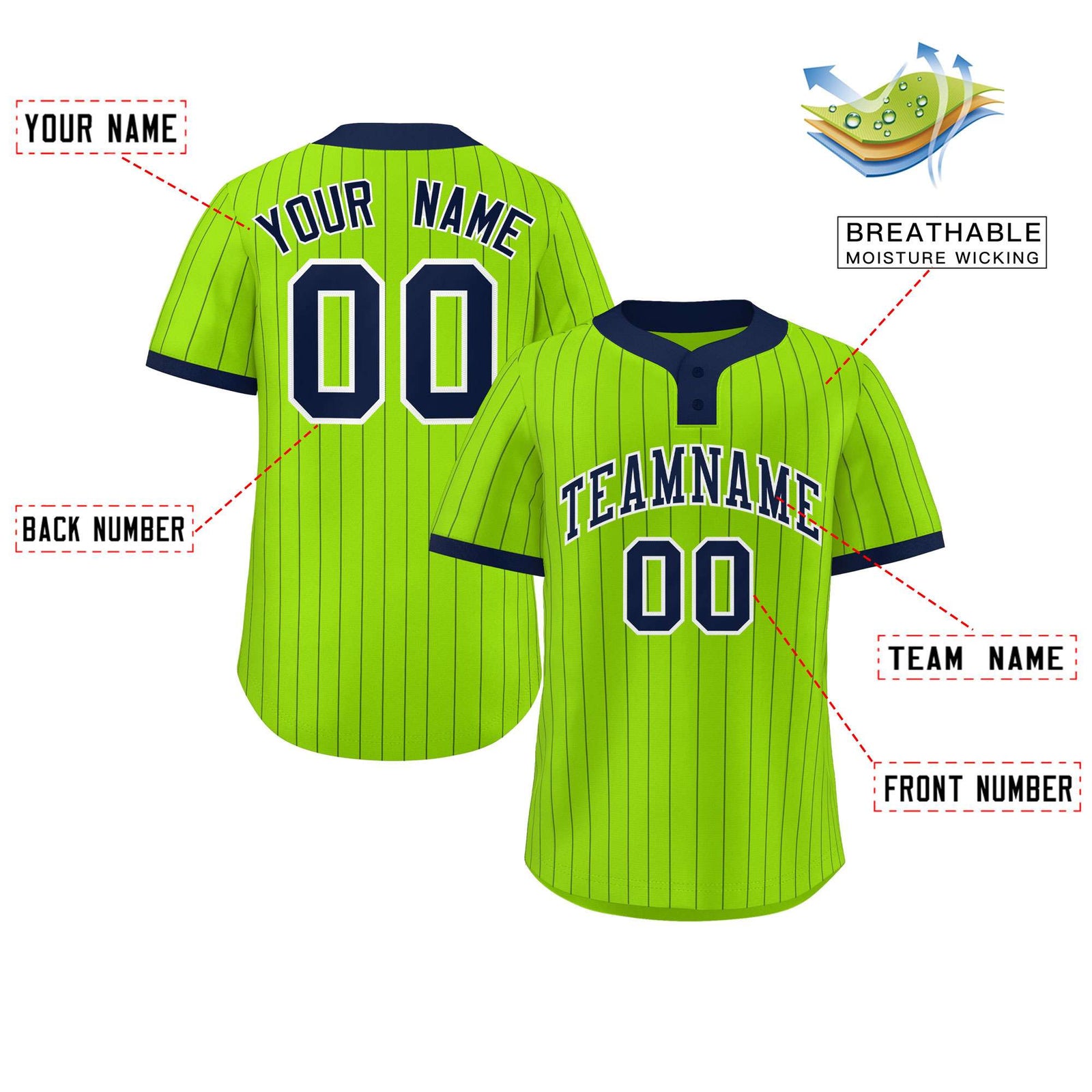 Custom Neon Green Navy Stripe Fashion Authentic Two-Button Softball Jersey