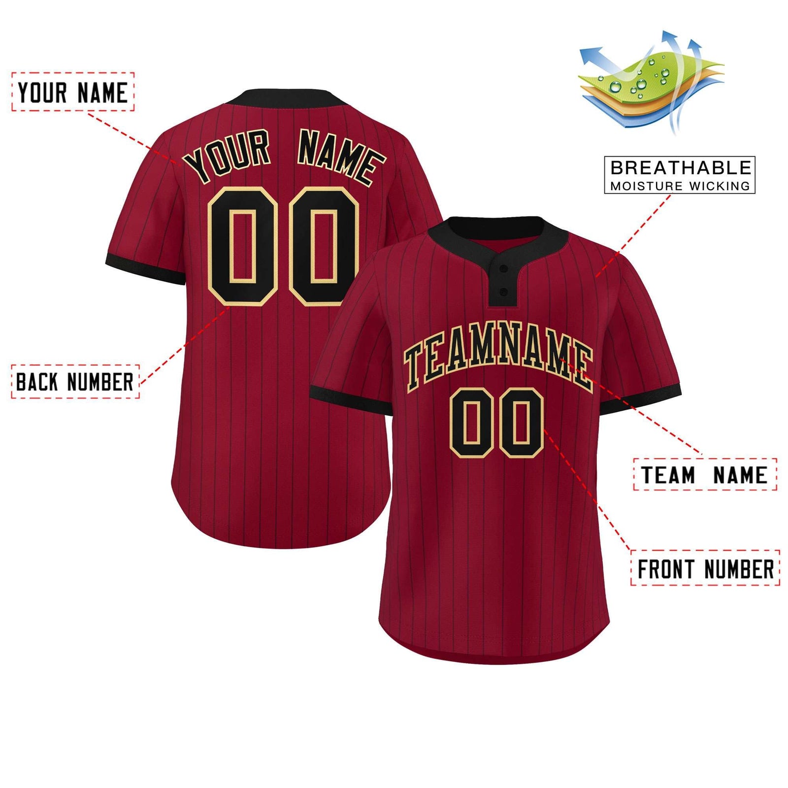 Custom Crimson Black Stripe Fashion Authentic Two-Button Softball Jersey