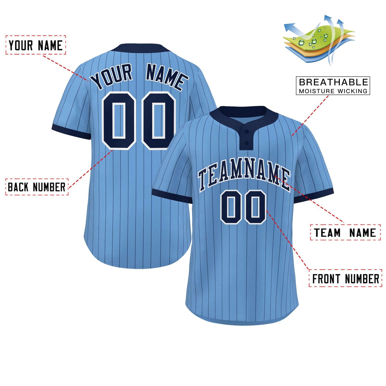 Custom Light Blue Navy Stripe Fashion Authentic Two-Button Softball Jersey