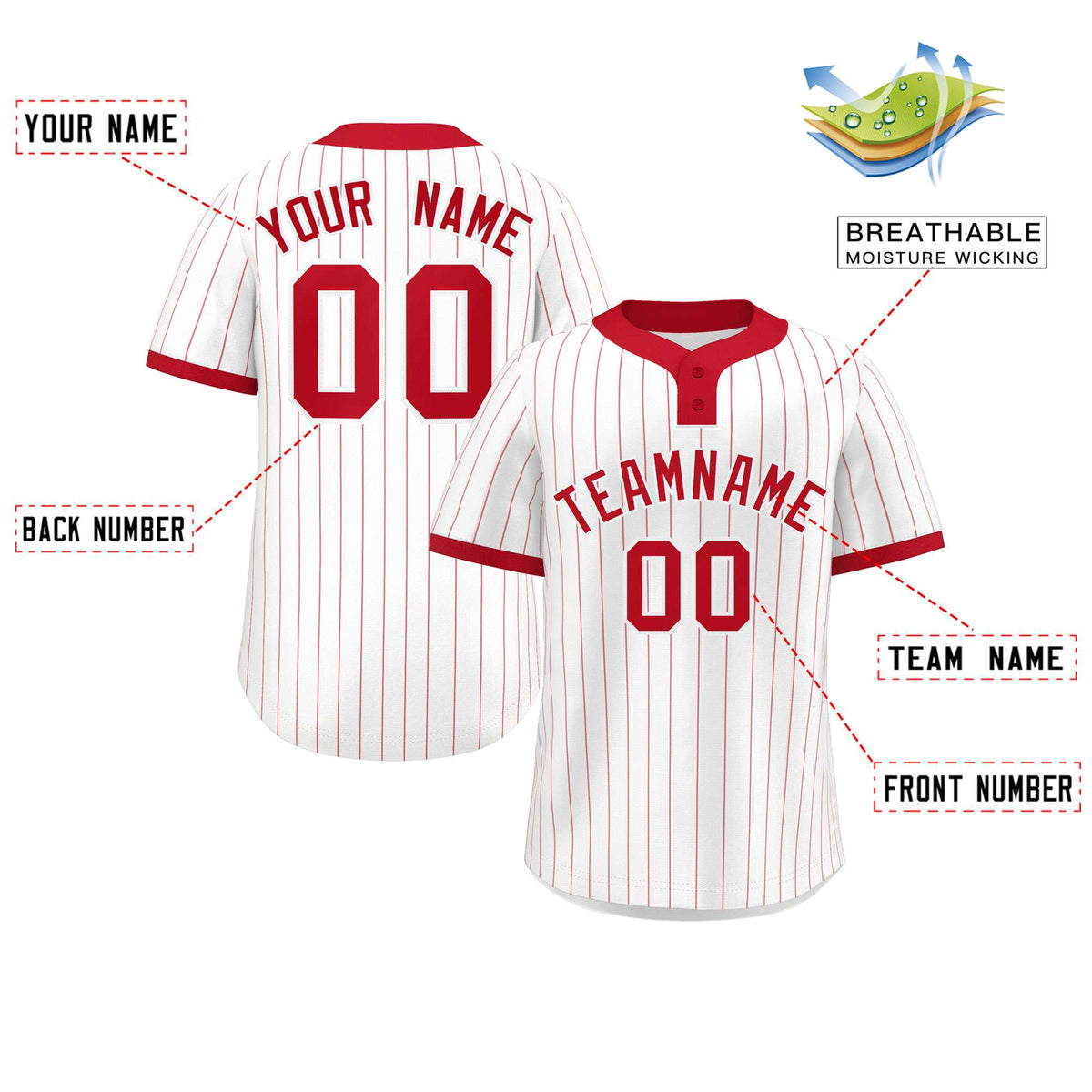 Custom White Red Stripe Fashion Authentic Two-Button Softball Jersey