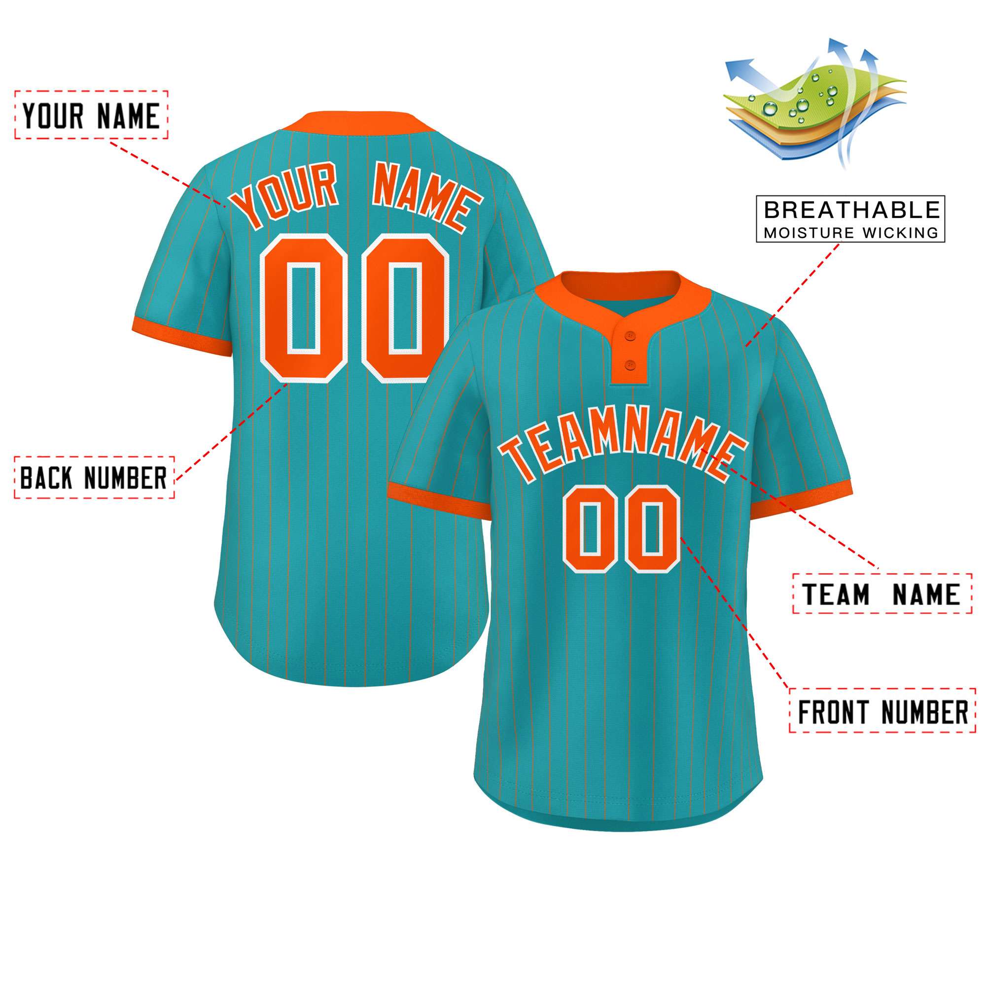 Custom Aqua Orange Stripe Fashion Authentic Two-Button Softball Jersey