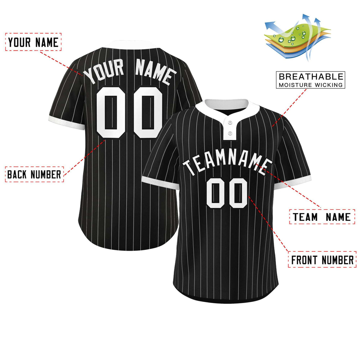 Custom Black White Stripe Fashion Authentic Two-Button Softball Jersey