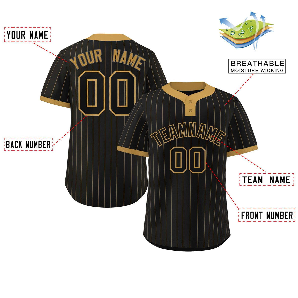 Custom Black Old Gold Stripe Fashion Authentic Two-Button Softball Jersey