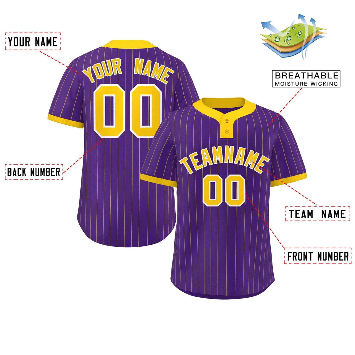 Custom Purple Gold Stripe Fashion Authentic Two-Button Softball Jersey