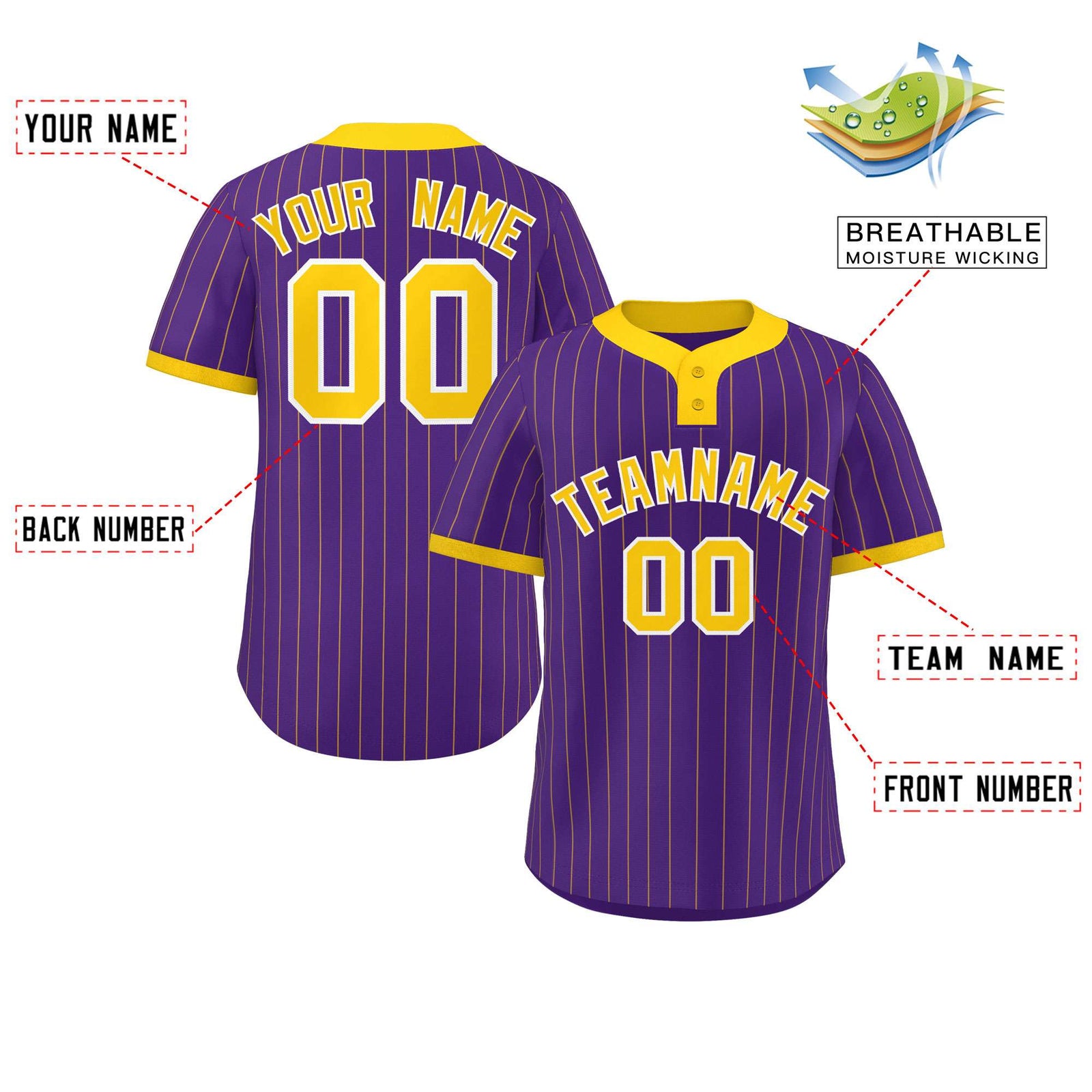 Custom Purple Gold Stripe Fashion Authentic Two-Button Softball Jersey