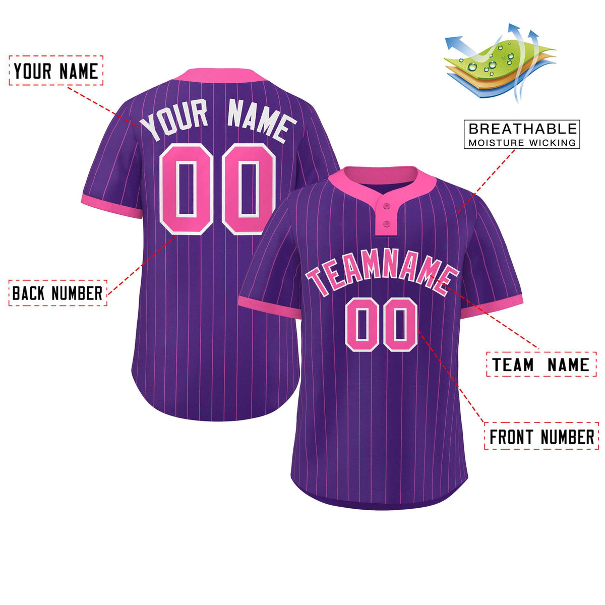 Custom Purple Pink Stripe Fashion Authentic Two-Button Softball Jersey