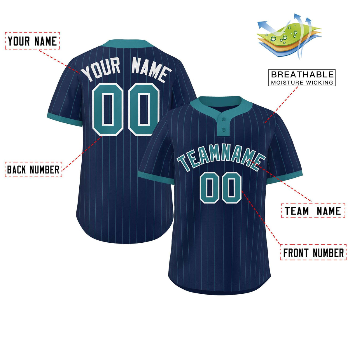 Custom Navy Aqua Stripe Fashion Authentic Two-Button Softball Jersey