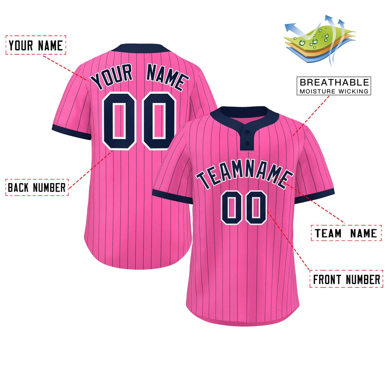 Custom Pink Navy Stripe Fashion Authentic Two-Button Softball Jersey