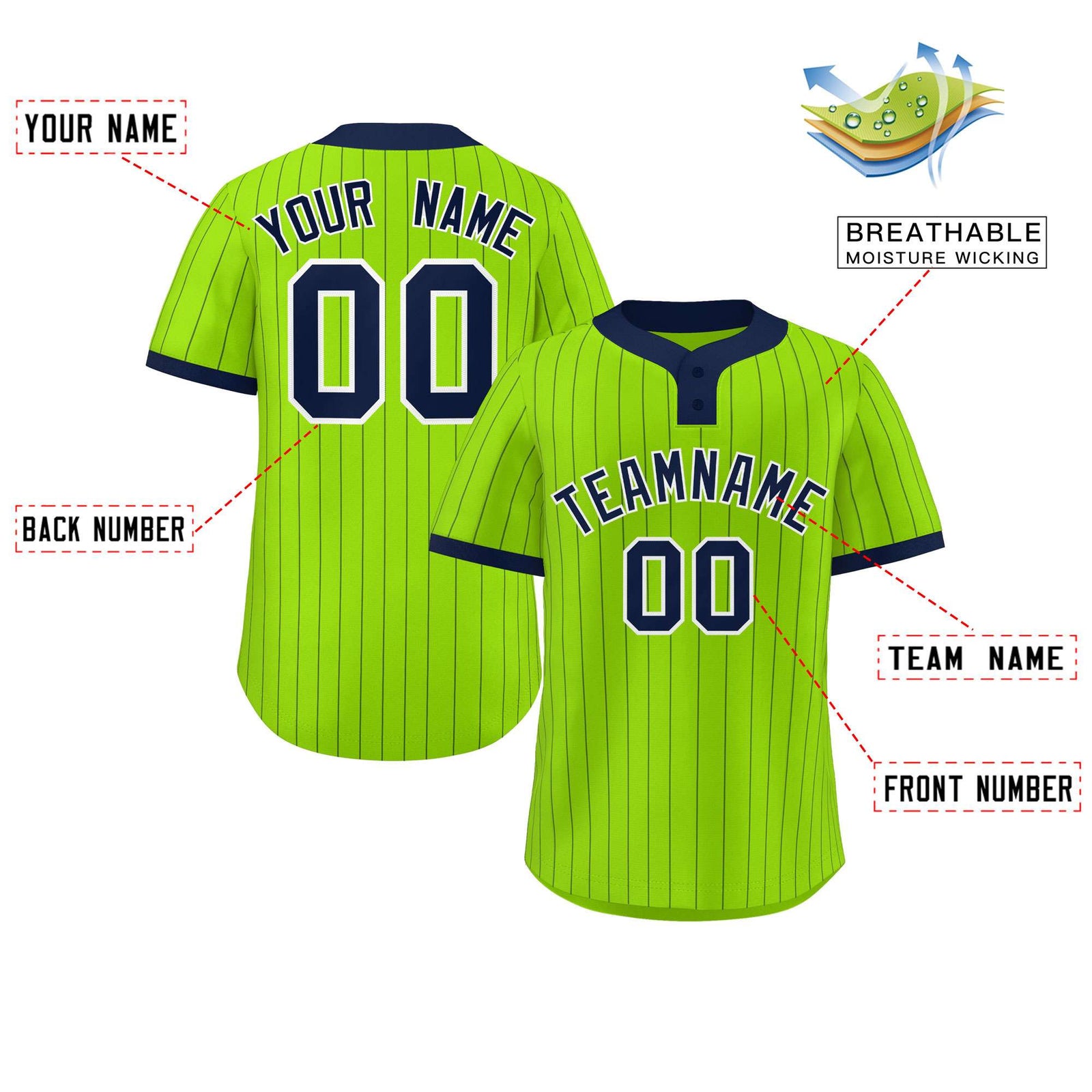Custom Neon Green Navy Stripe Fashion Authentic Two-Button Softball Jersey