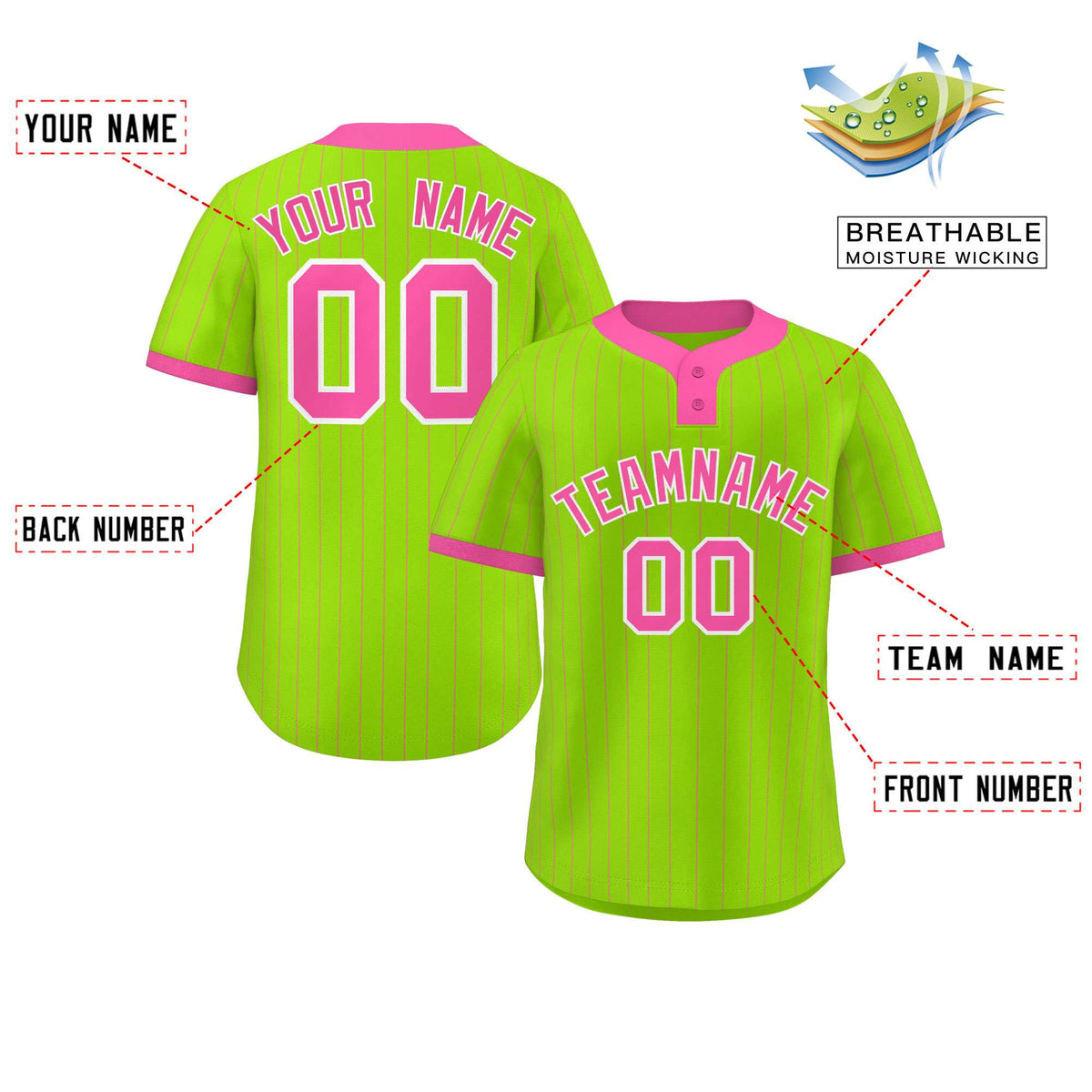 Custom Neon Green Pink Stripe Fashion Authentic Two-Button Softball Jersey