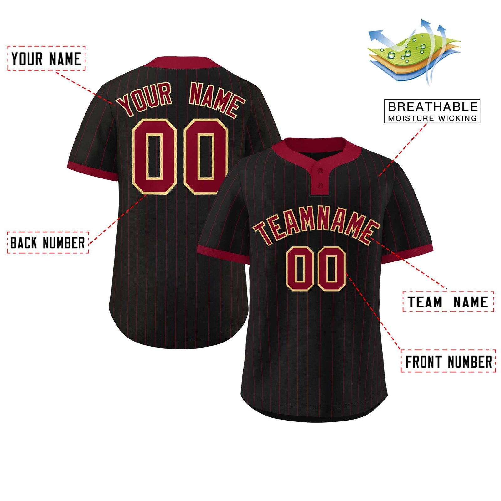 Custom Black Crimson Stripe Fashion Authentic Two-Button Softball Jersey